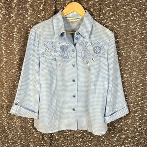 Allison Daley Blue & White Gingham Checked‎ Top Embroidery